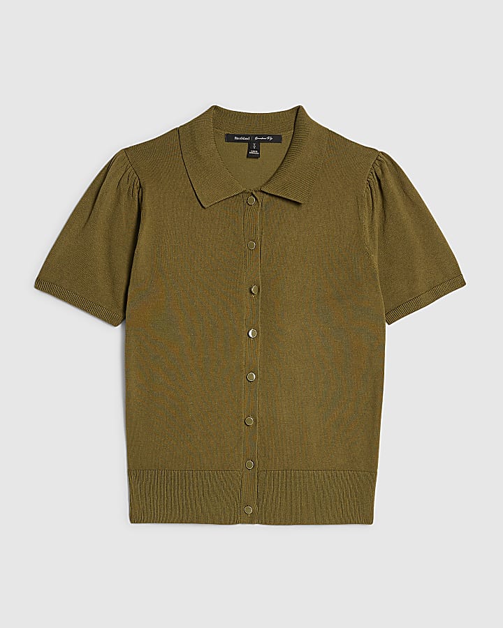 Khaki Knitted Short Sleeve Polo Cardigan