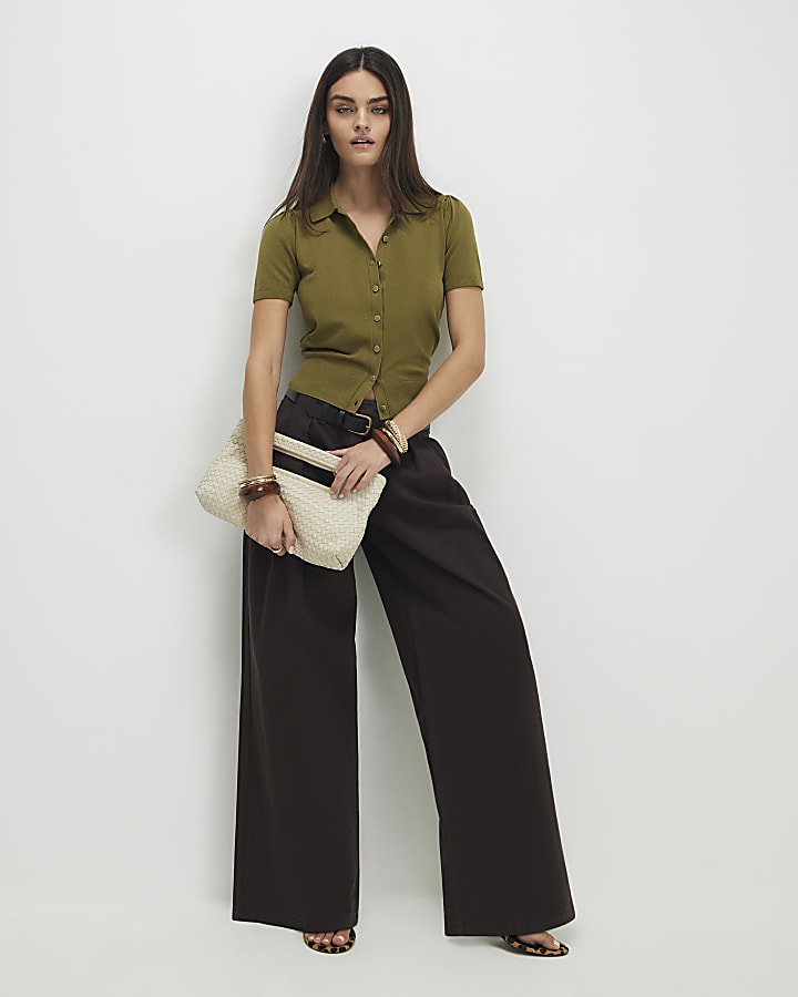 Khaki Knitted Short Sleeve Polo Cardigan