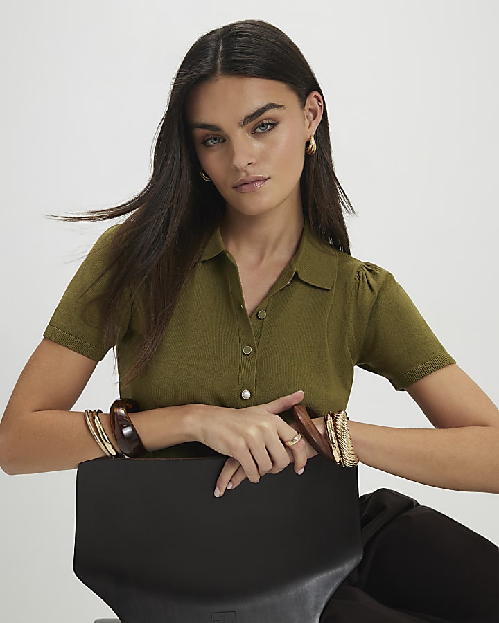 Khaki Knitted Short Sleeve Polo Cardigan