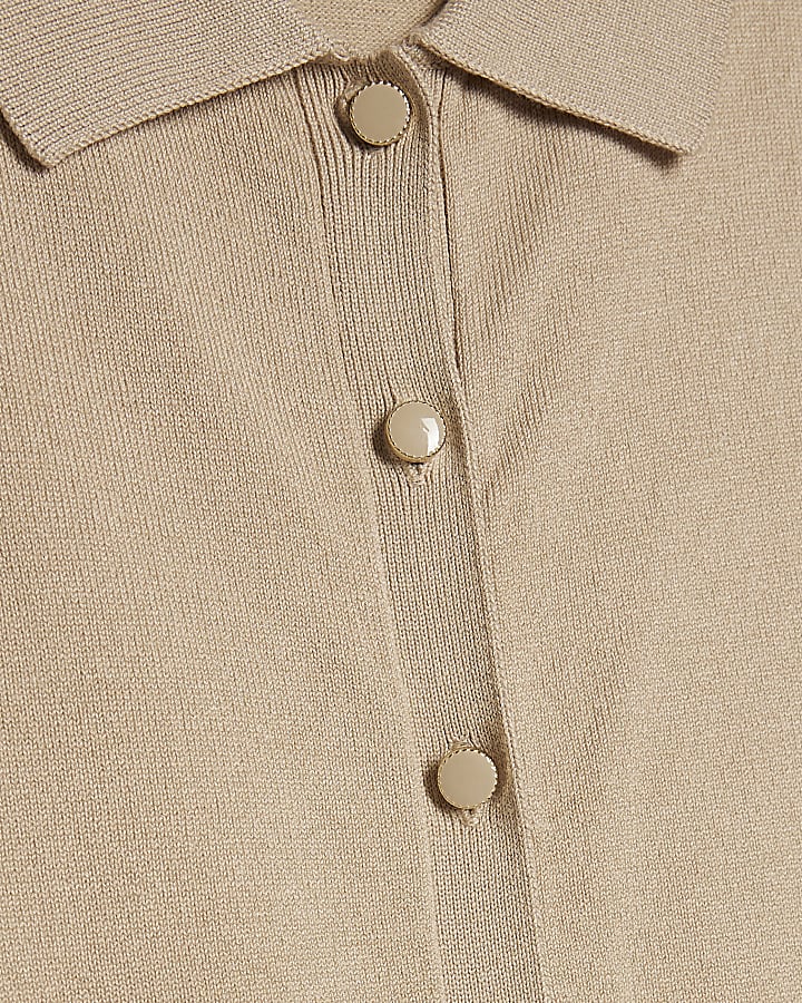 Beige Knitted Short Sleeve Polo Cardigan