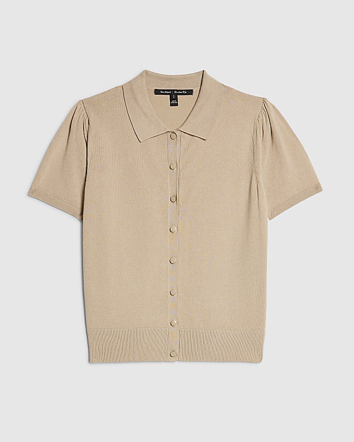 Beige Knitted Short Sleeve Polo Cardigan