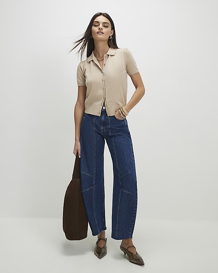 Beige Knitted Short Sleeve Polo Cardigan