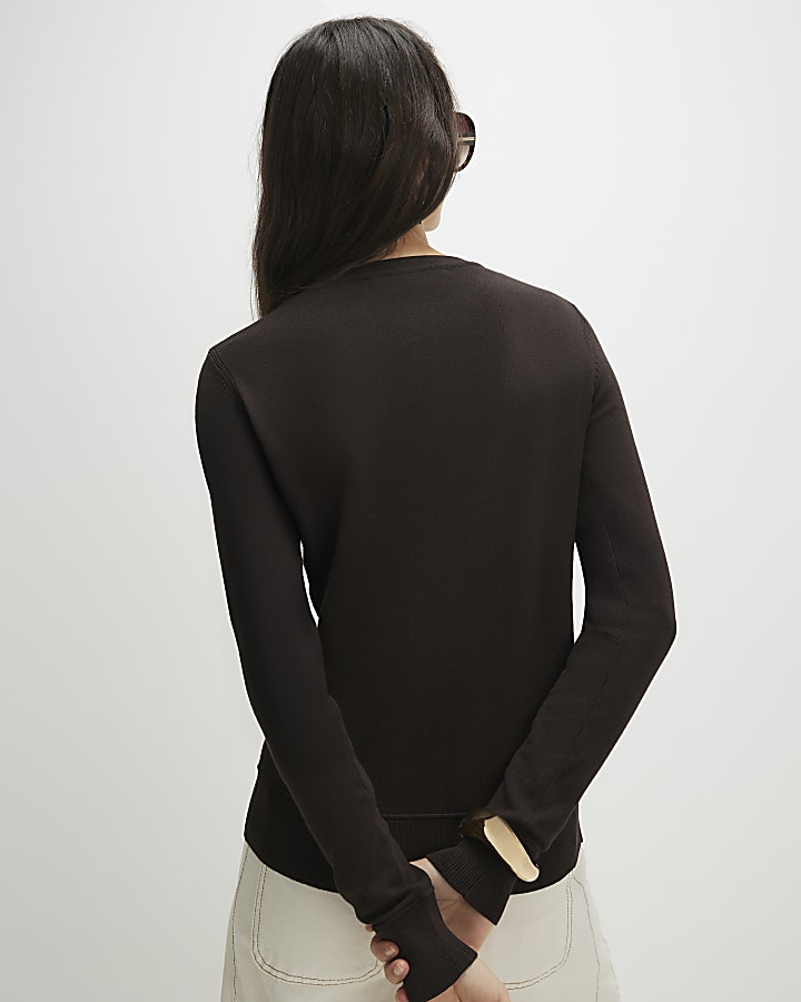 Brown Crew Neck Knitted Cardigan