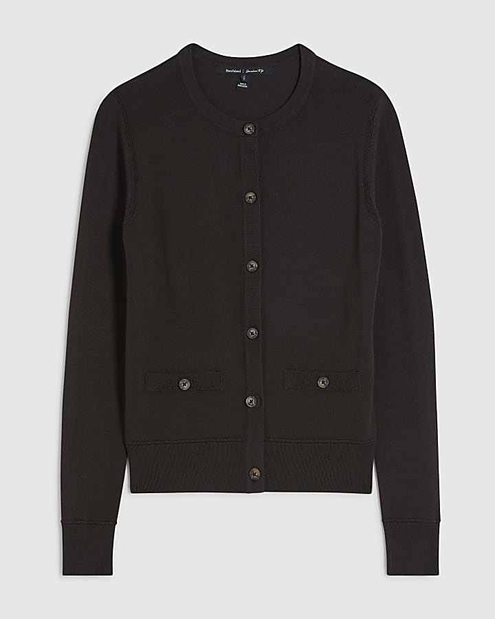 Brown Crew Neck Knitted Cardigan