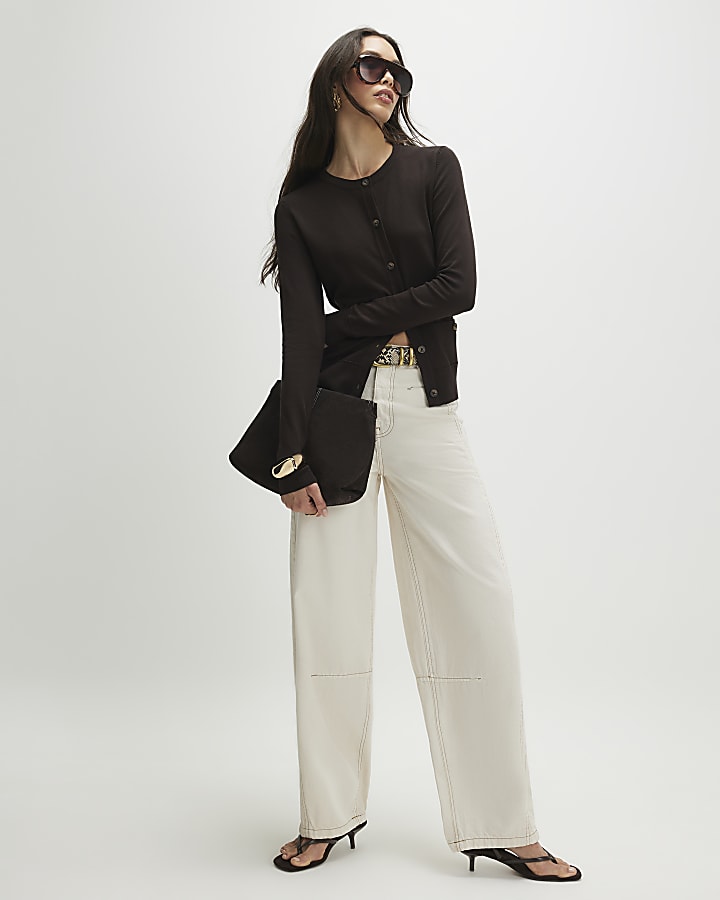 Brown Crew Neck Knitted Cardigan