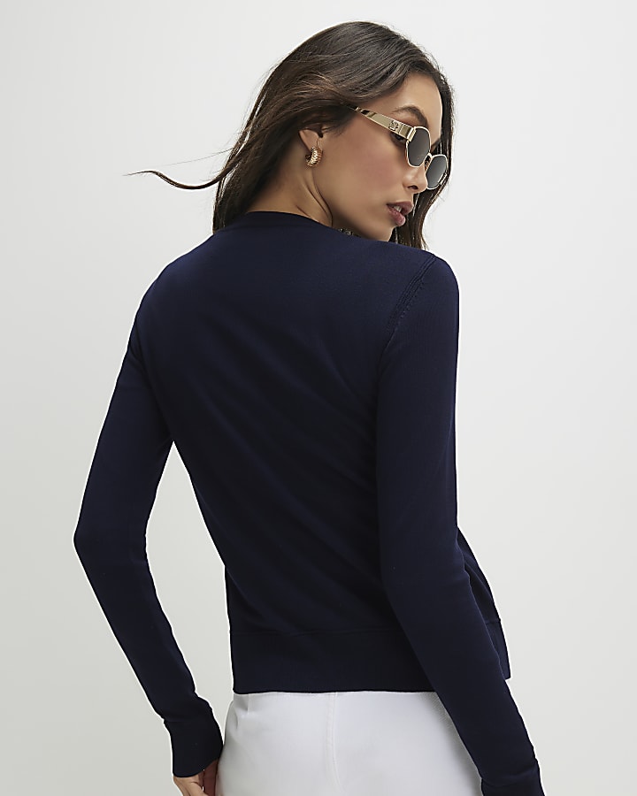 Navy Knitted Crew Neck Cardigan