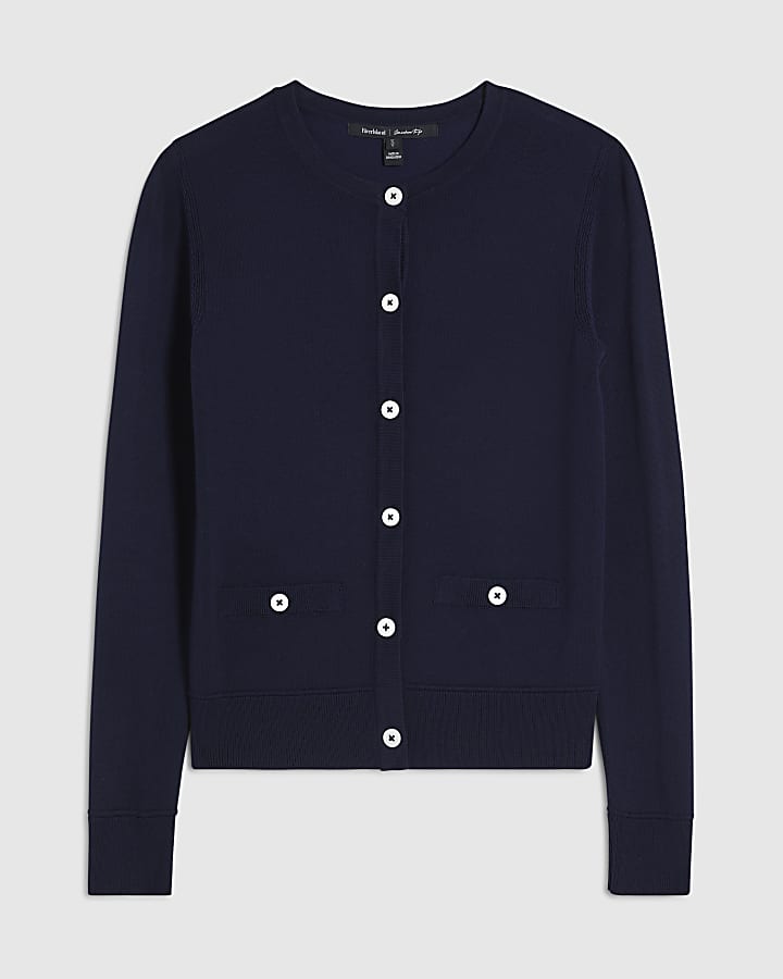 Navy Knitted Crew Neck Cardigan