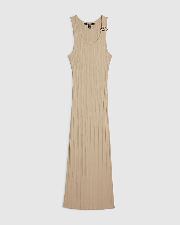 Beige Knitted Ribbed Midi Dress