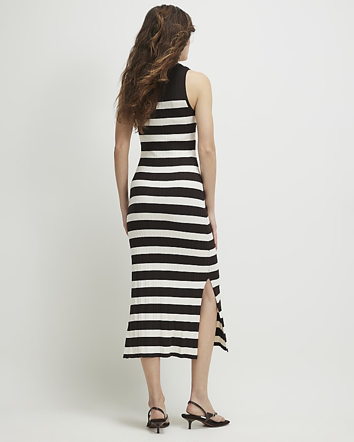 Brown Knitted Ribbed Stripe Midi Dress