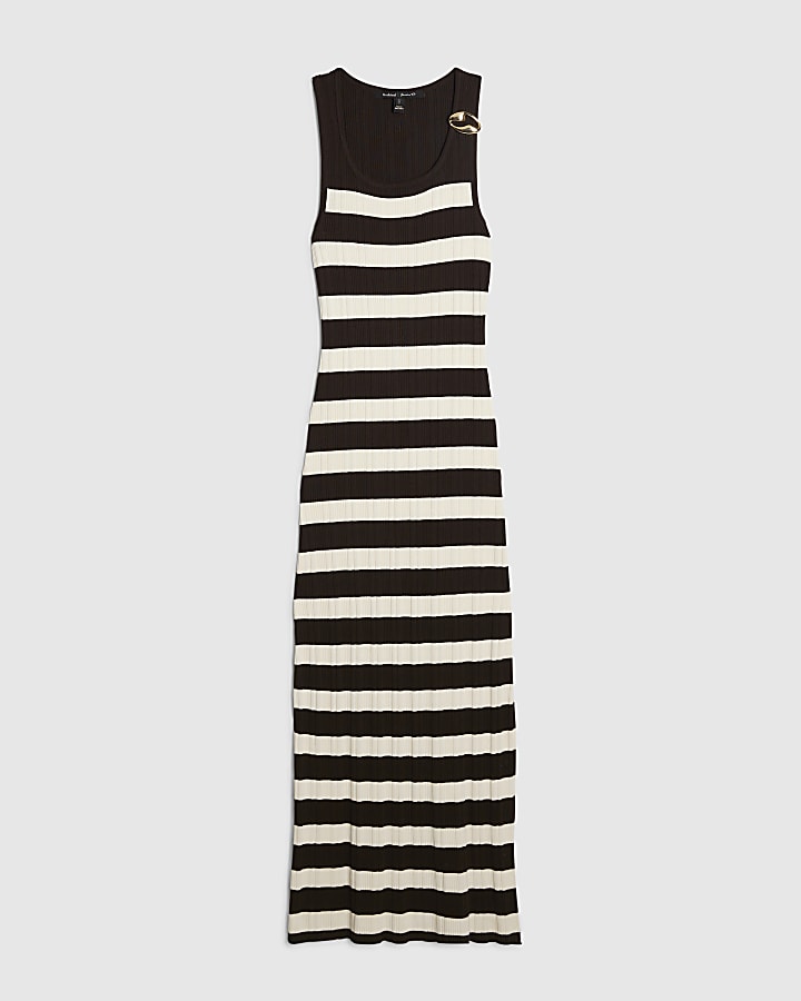 Brown Knitted Ribbed Stripe Midi Dress