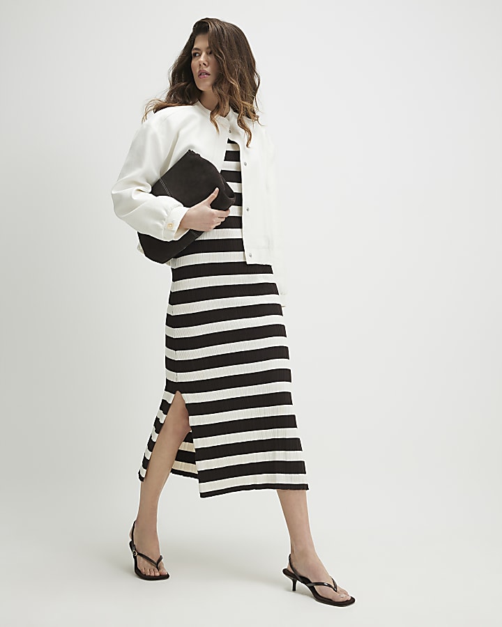 Brown Knitted Ribbed Stripe Midi Dress