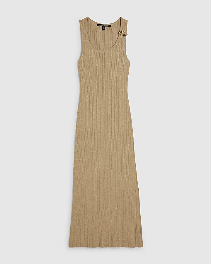 Gold Rib Knit Buckle Midi Dress