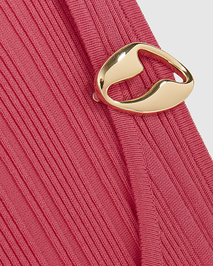 Pink Rib Knit Buckle Midi Dress