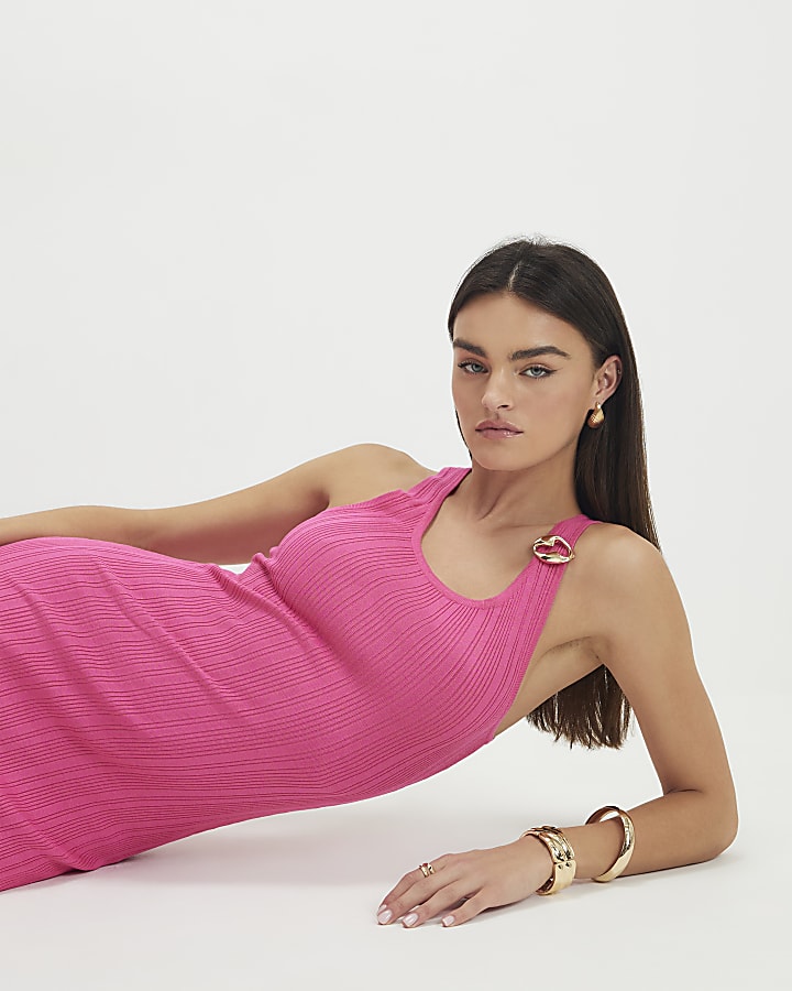 Pink Rib Knit Buckle Midi Dress