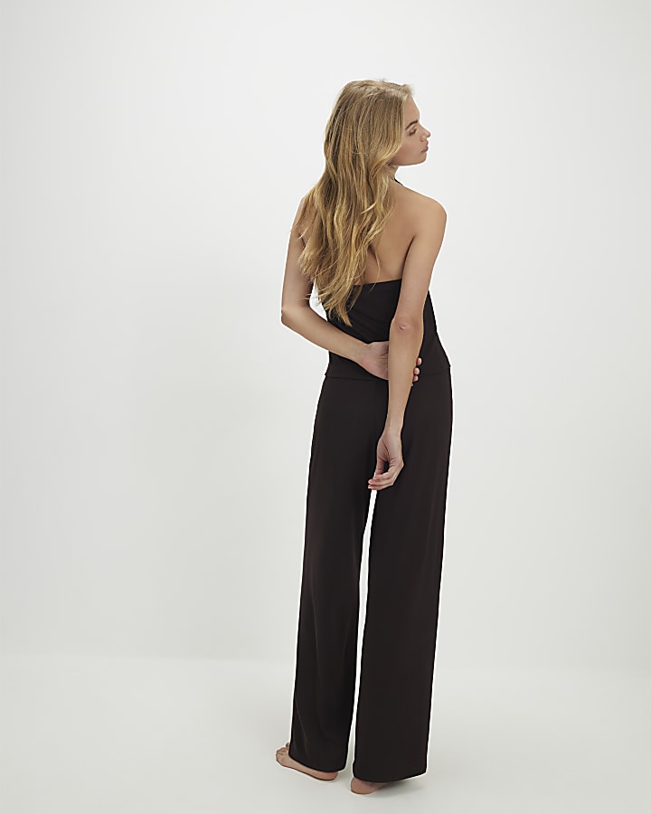 Brown Halter Neck Ribbed Set