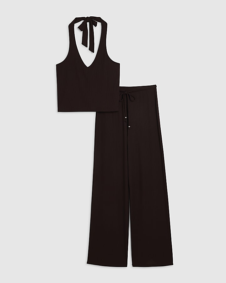 Brown Halter Neck Ribbed Loungewear Set