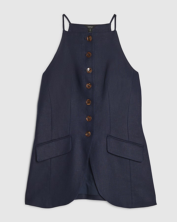 Navy Linen Blend Longline Waistcoat