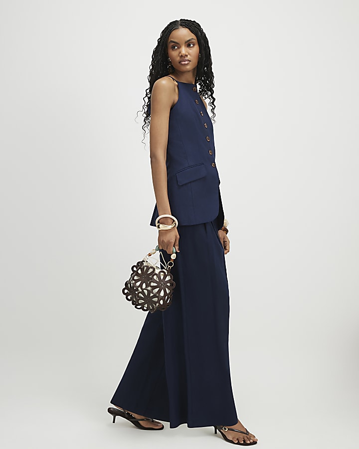 Navy Linen Blend Longline Waistcoat