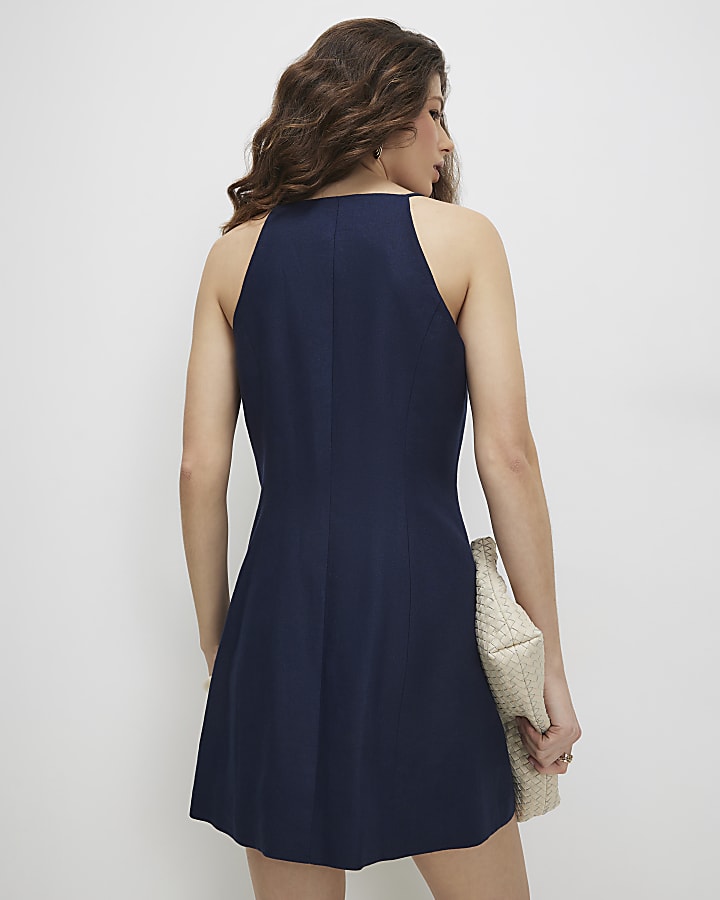 Navy Sleeveless Button Mini Dress