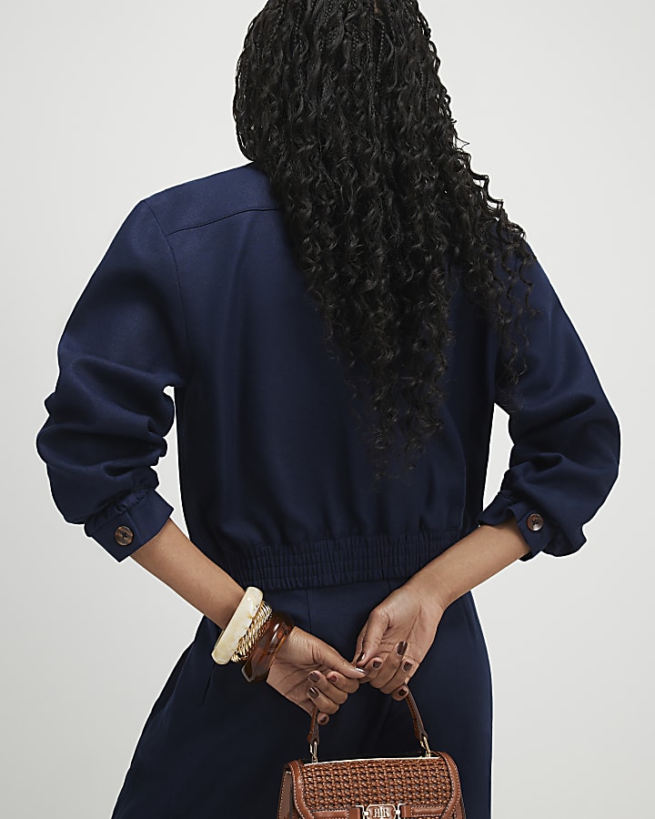 Navy Linen Blend Tailored Bomber Jacket