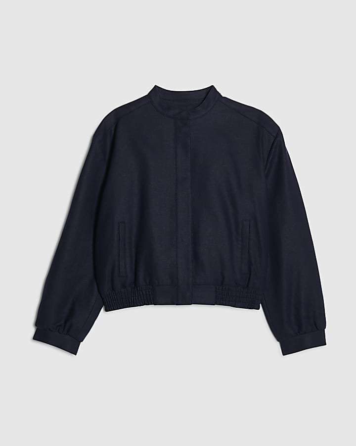 Navy Linen Blend Tailored Bomber Jacket