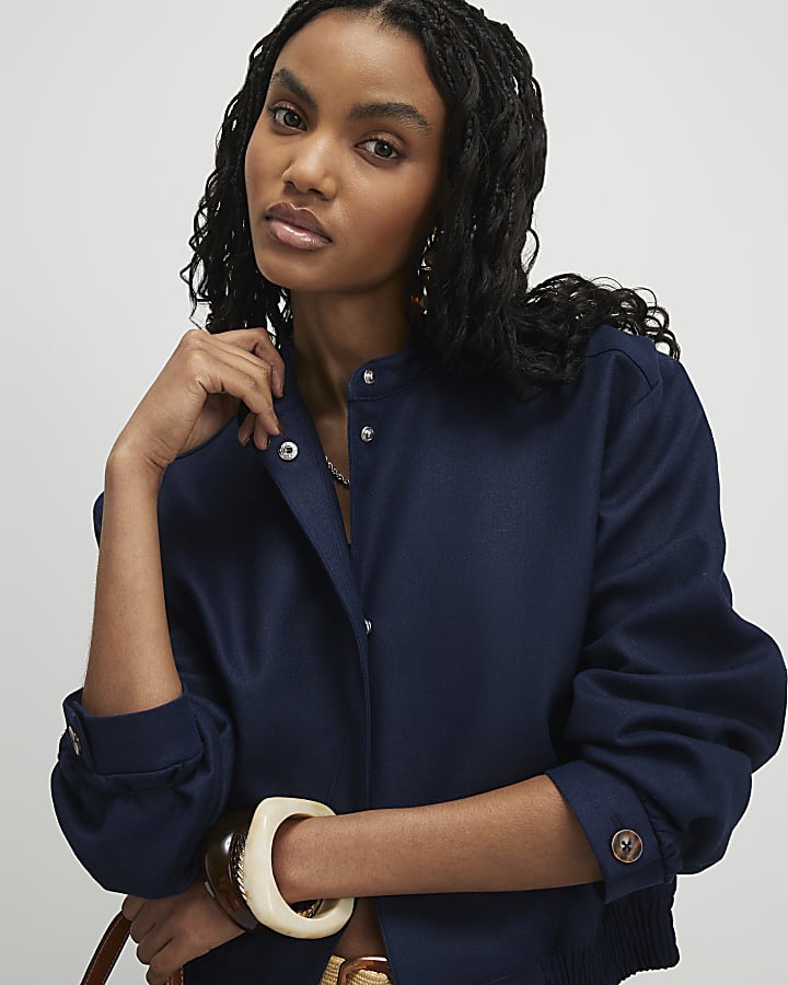 Navy Linen Blend Tailored Bomber Jacket