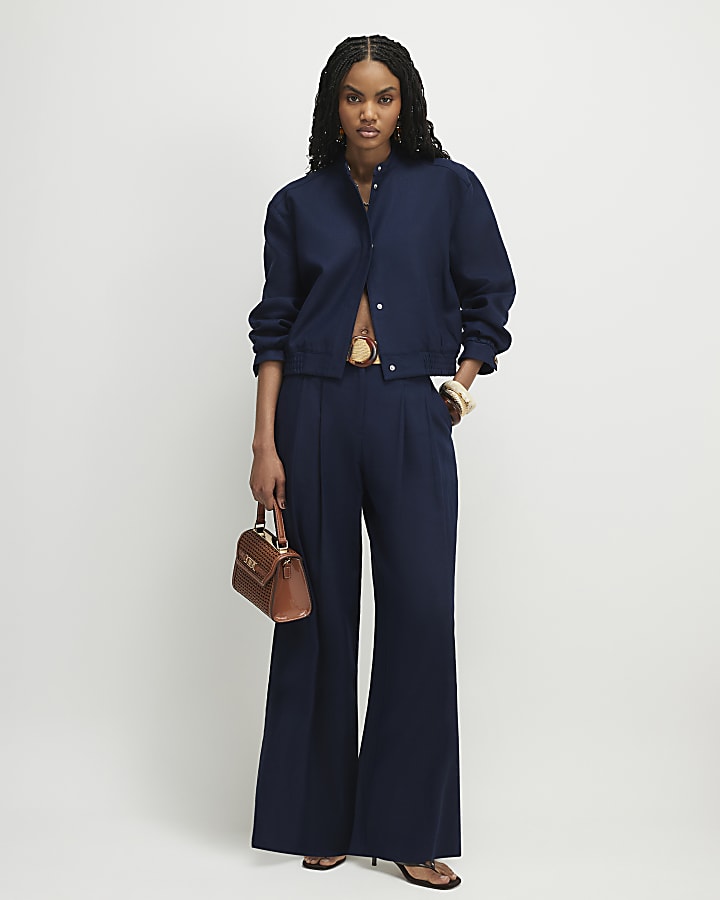 Navy Linen Blend Tailored Bomber Jacket