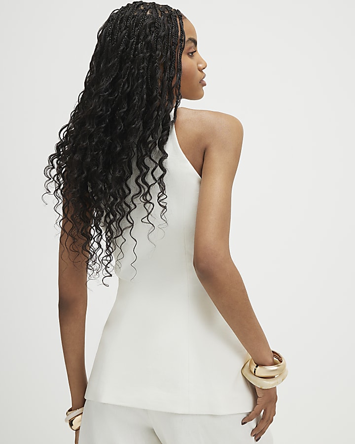 White Linen Blend Longline Waistcoat