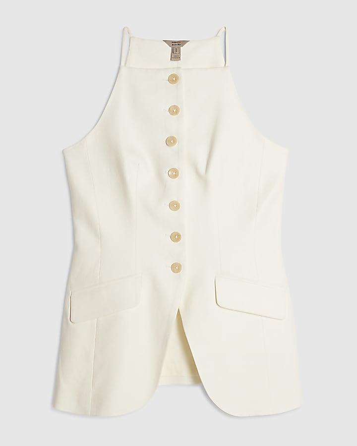 White Linen Blend Longline Waistcoat
