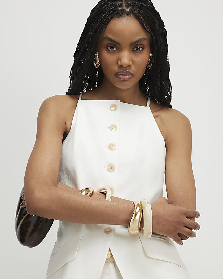 White Linen Blend Longline Waistcoat