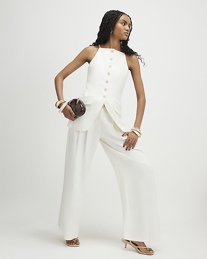 White Linen Blend Longline Waistcoat