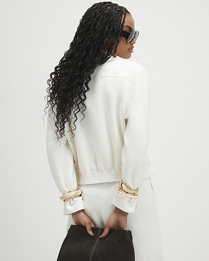 White Linen Blend Tailored Bomber Jacket