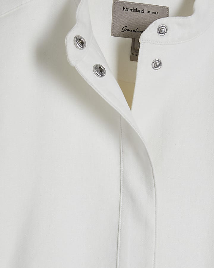 White Linen Blend Tailored Bomber Jacket