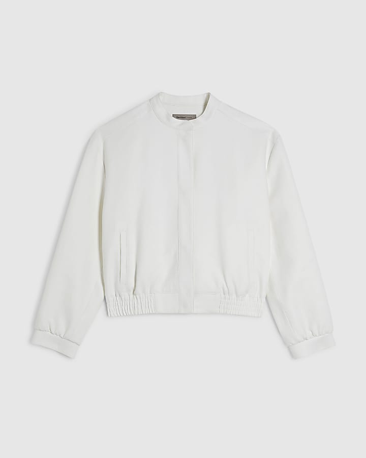 White Linen Blend Tailored Bomber Jacket