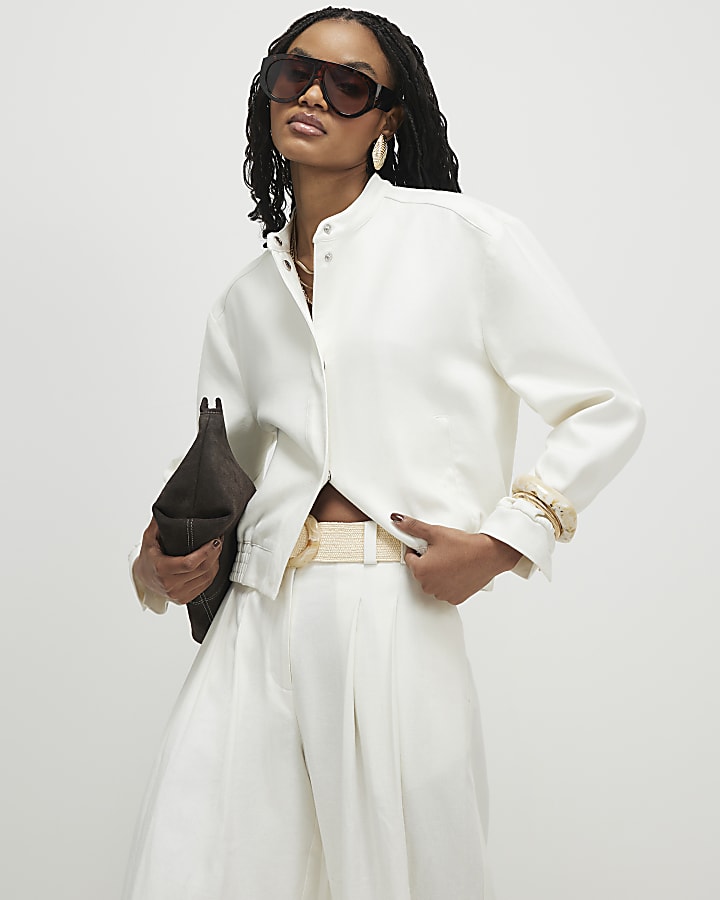 White Linen Blend Tailored Bomber Jacket