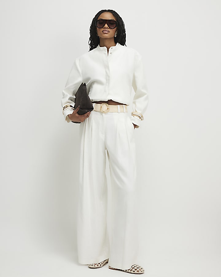 White Linen Blend Tailored Bomber Jacket