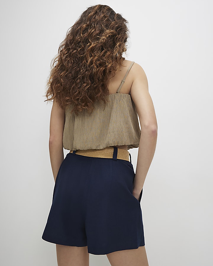 Navy Linen Blend Belted Shorts