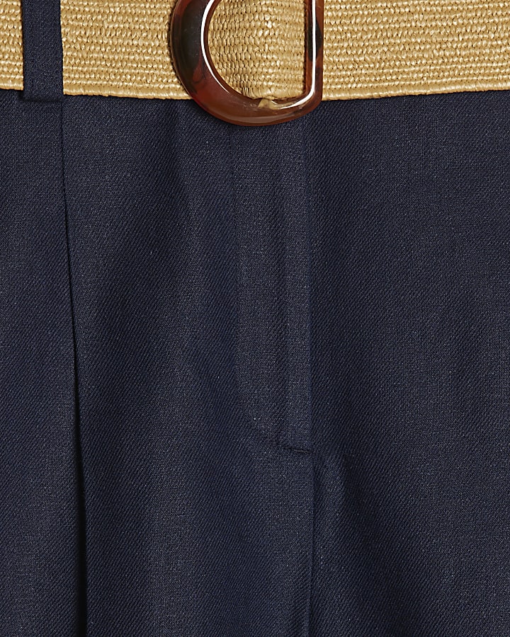 Navy Linen Blend Belted Shorts