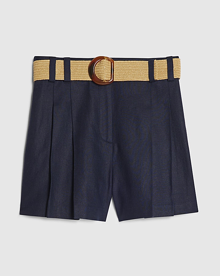 Navy Linen Blend Belted Shorts