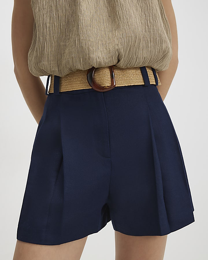 Navy Linen Blend Belted Shorts