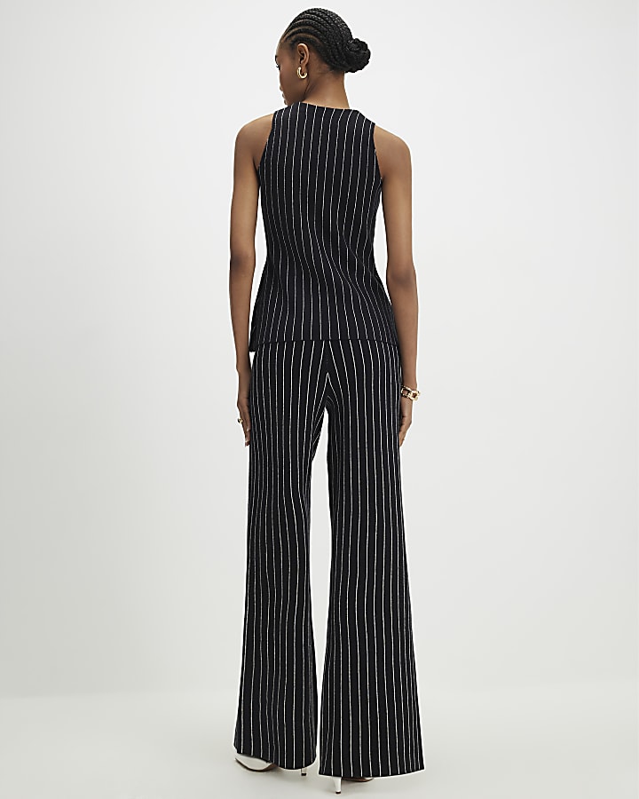 Black Wide Leg Pinstripe Knitted Trousers