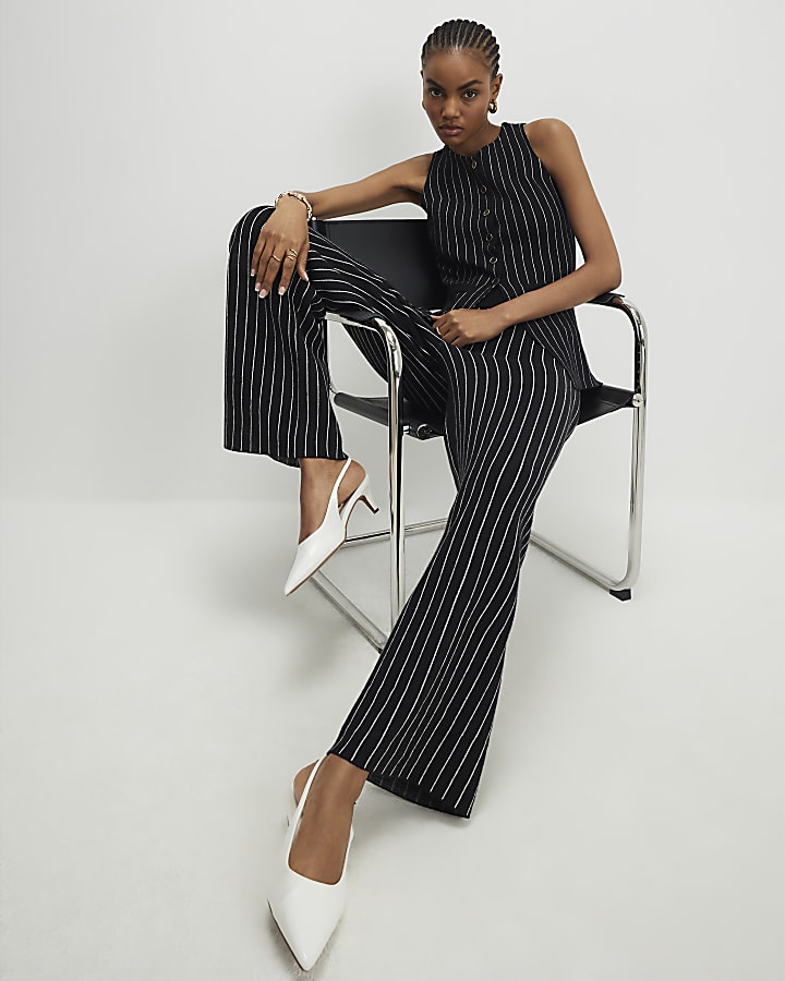 Black Wide Leg Pinstripe Knitted Trousers