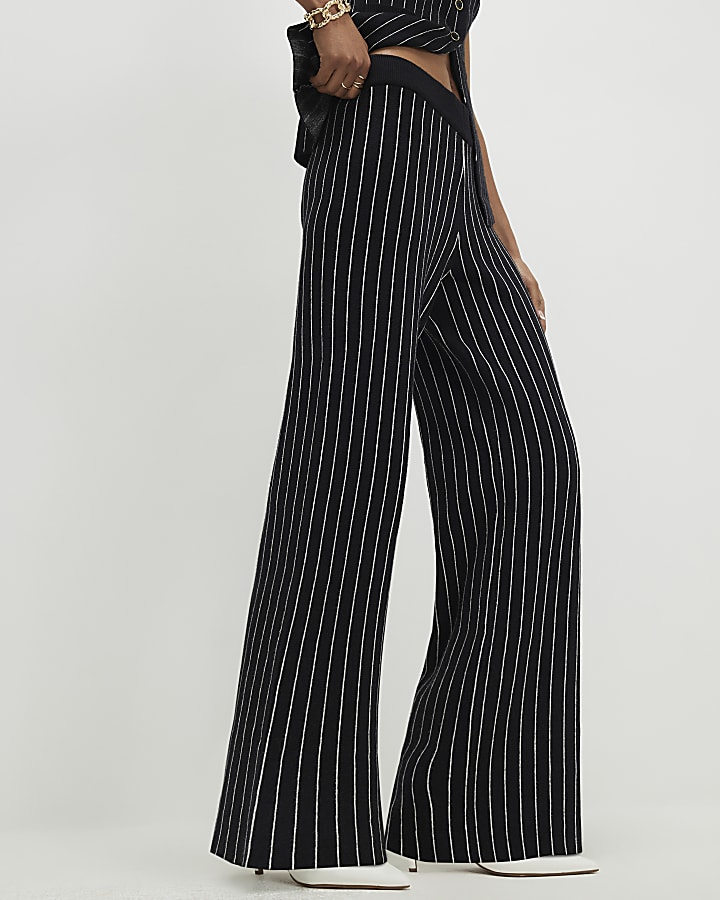 Black Wide Leg Pinstripe Knitted Trousers