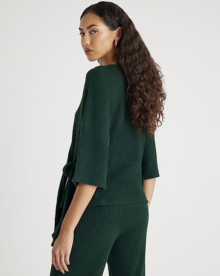 Khaki Short Sleeve Cosy Ribbed Tie Detail Top