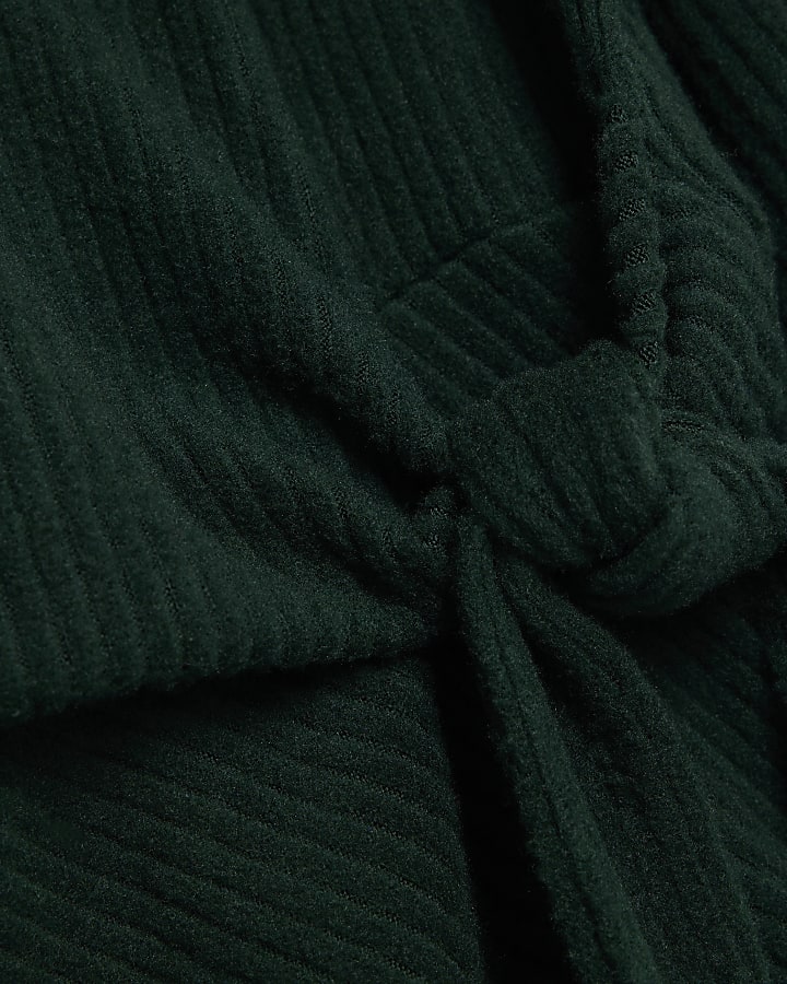 Khaki Short Sleeve Cosy Ribbed Tie Detail Top