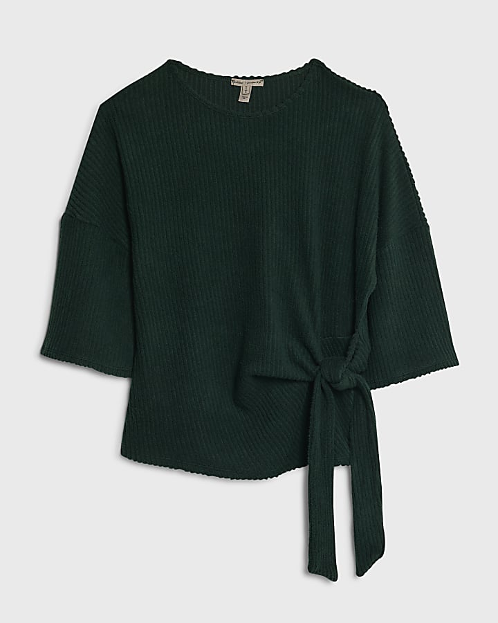 Khaki Short Sleeve Cosy Ribbed Tie Detail Top