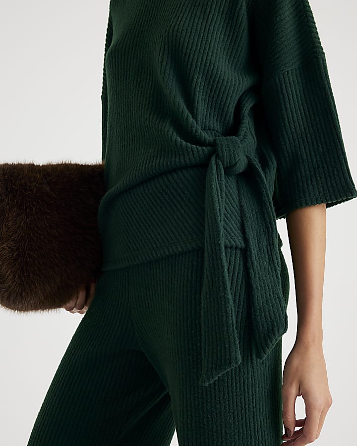 Khaki Short Sleeve Cosy Ribbed Tie Detail Top
