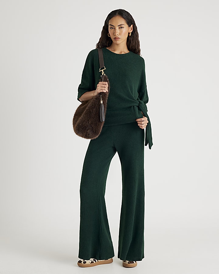Khaki Short Sleeve Cosy Ribbed Tie Detail Top