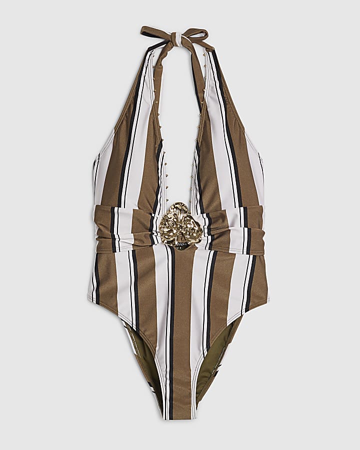 White Stripe Plunge Hardware Swimsuit