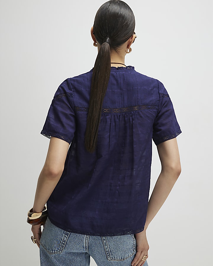 Navy Short Sleeve Lace Button Through Blouse